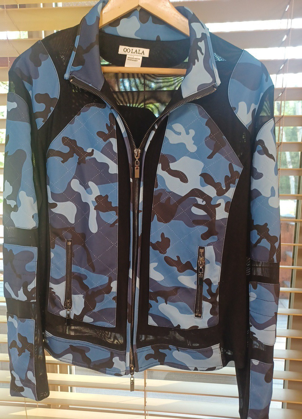 Oolala Womens Blue Camo Zipper w Sheer Panels Jacket Sz L Moto Designer Edgy